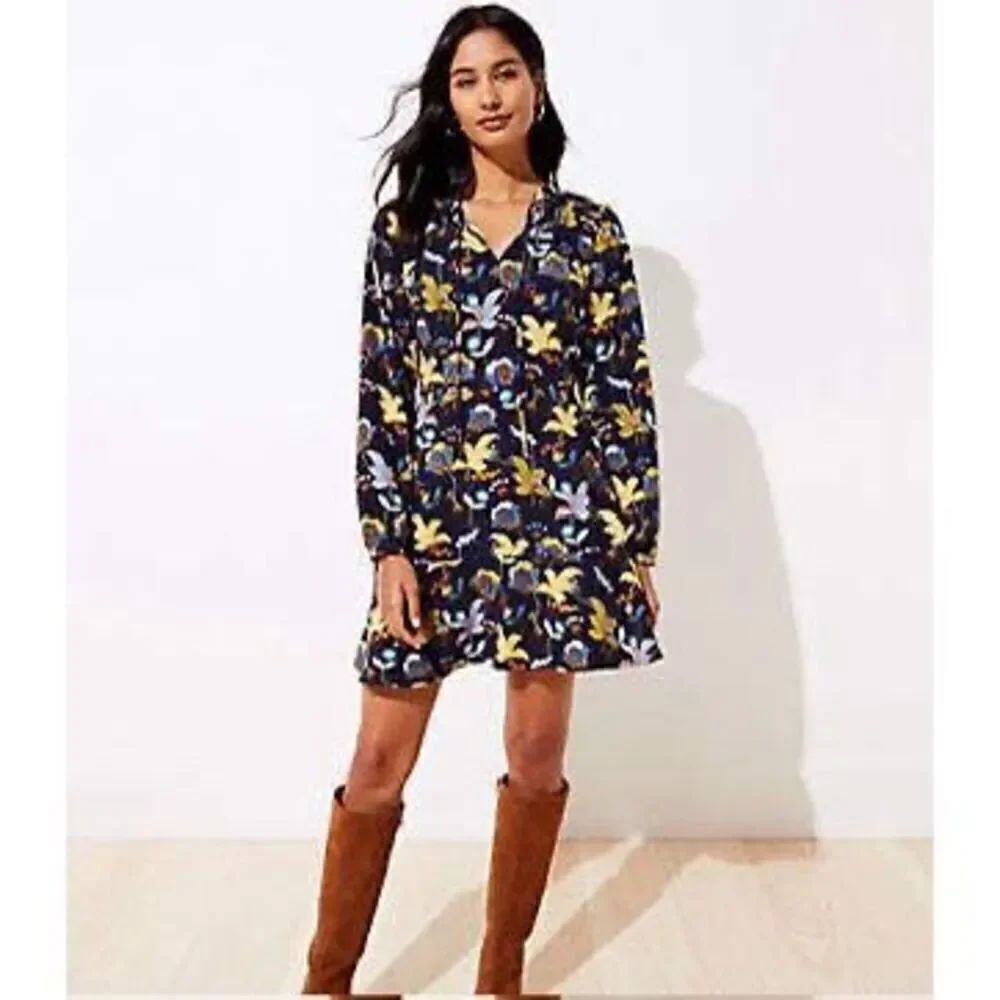 Loft Plus Size 14 Long Sleeve Peasant Shift Dress Navy Blue Floral Leaf Print